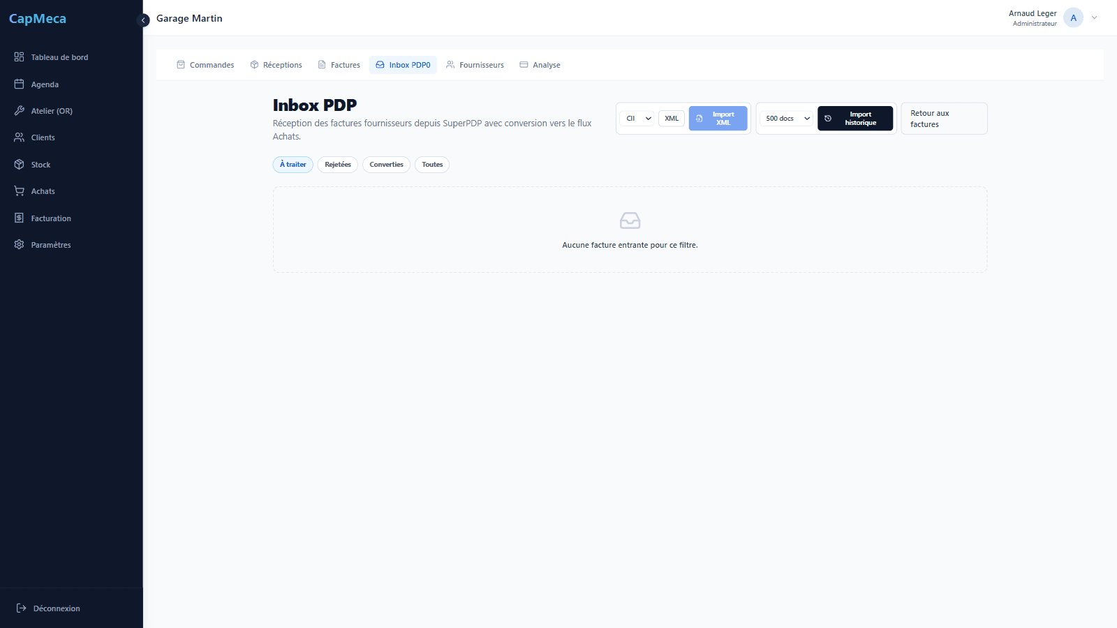 Inbox PDP des factures fournisseurs avec statuts.