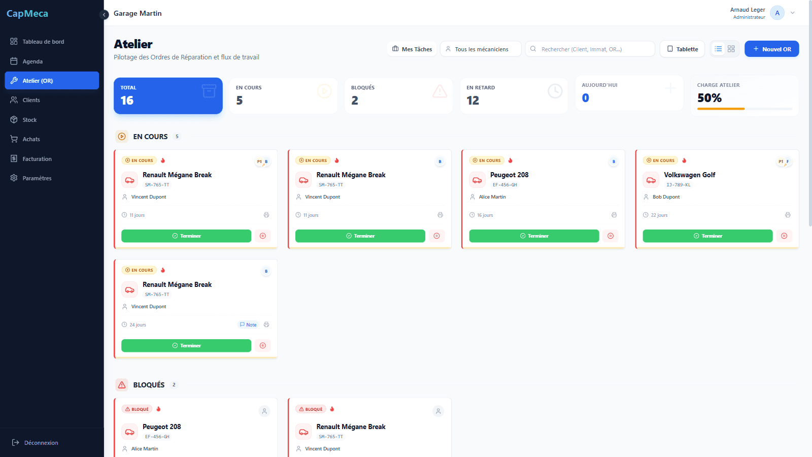 Kanban atelier avec ordres de réparation.