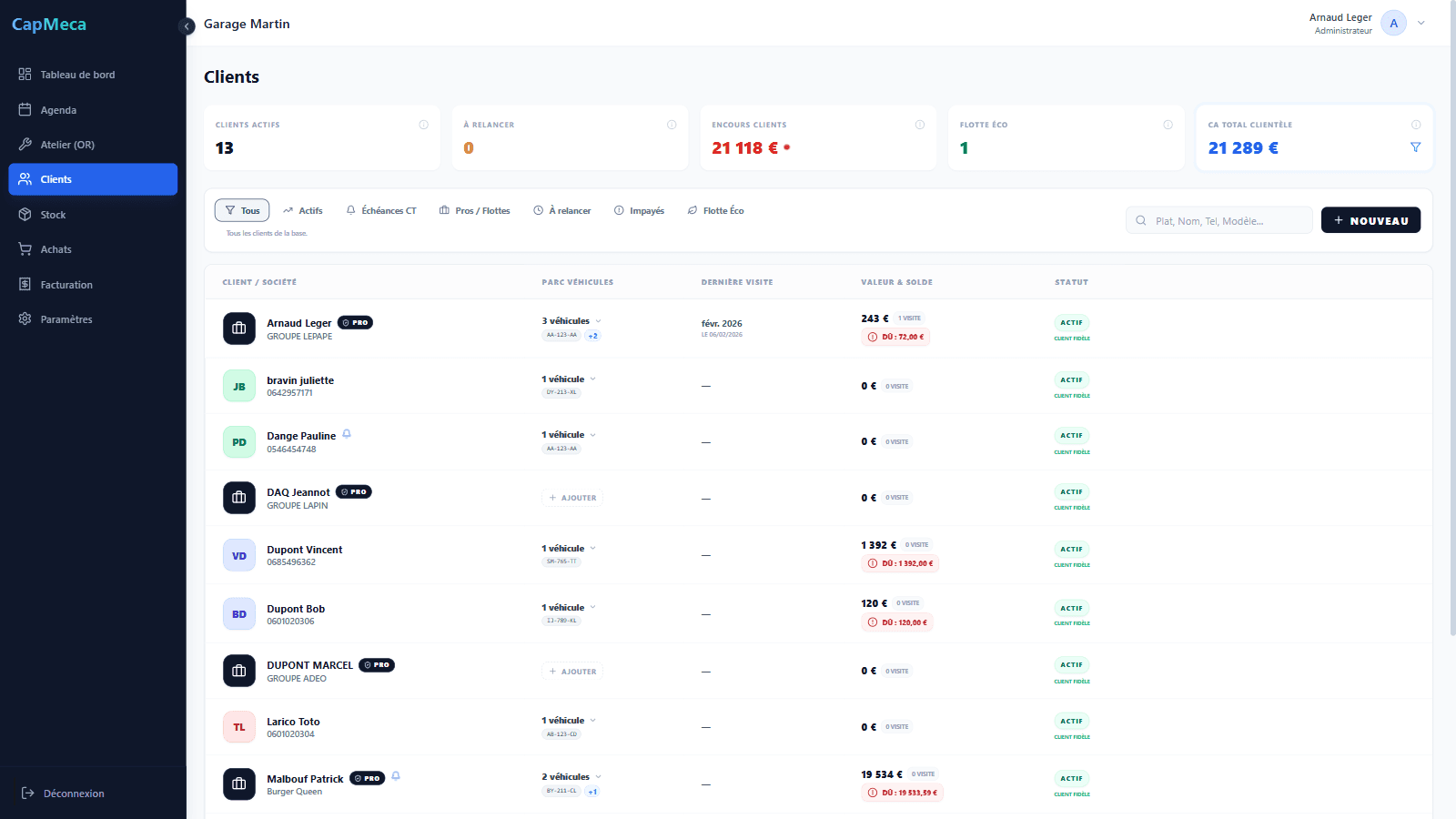 Liste clients avec recherche et filtres.