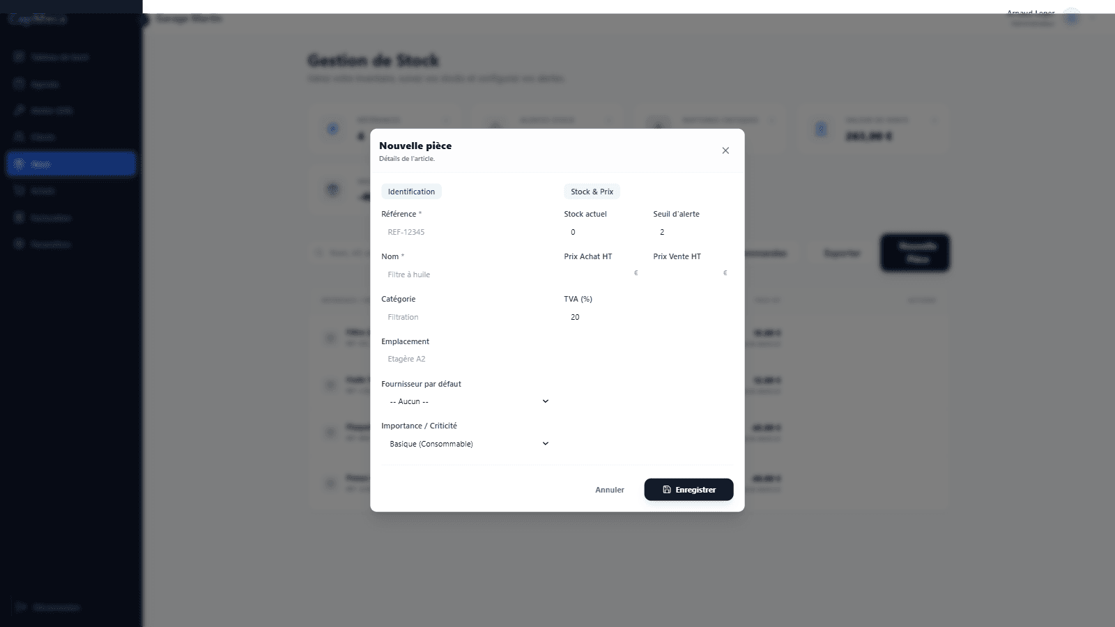 Ecran de mouvement de stock entree et sortie.